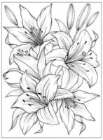 Coloring page with Lilies and leaves. Vector page for coloring. Flower Colouring page. Floral print. Outline Lily. Black and white page for coloring book.