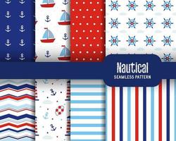 Set of sea seamless patterns with boat anchor wave lighthouse lifebuoy polka dots and stripes Nautical design Marine elements Vector illustration Geometric textures for fabric card baby shower scrapbook etc