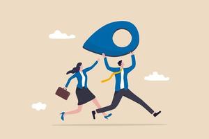 Business relocation moving office to new location address concept, happy businessman and businesswoman people carry address pin or map mark running to new destination. vector