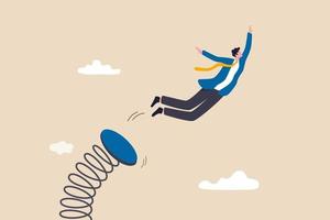 Boost up business growth, improvement, career path or job promote to higher position concept, confidence businessman leader jumping springboard up high in the sky. vector