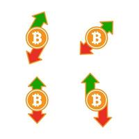 bitcoin hacia arriba y hacia abajo conjunto de flechas. concepto de crisis de moneda criptográfica. riesgo de moneda digital. vector