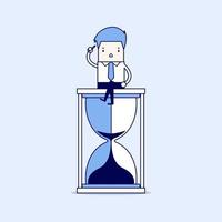 Businessman keeps thinking and sitting on a hourglass, creative thinking. Cartoon character thin line style vector. vector