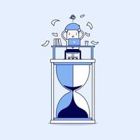 Businessman work hard at computer on big sand clock deadline concept. Cartoon character thin line style vector. vector