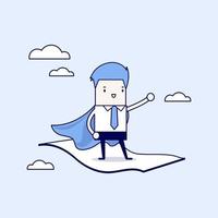 Businessman standing on the flying magic carpet. Cartoon character thin line style vector. vector