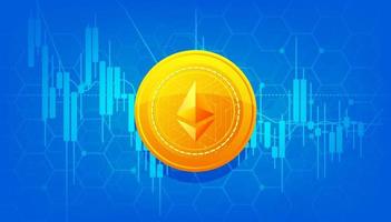 ethereum dorado sobre fondo azul diseño de plantilla de banner. moneda ethereum. moneda criptográfica con tabla de crecimiento. bolsa de valores internacional. vector de marketing de red ethereum.