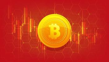 bitcoin dorado sobre fondo rojo diseño de plantilla de banner. moneda bitcoin. moneda criptográfica con tabla de crecimiento. bolsa de valores internacional. vector de marketing de red bitcoin.