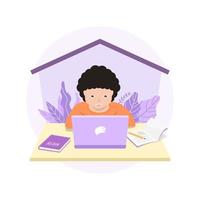 Distance learning solutions. Cute little boy using laptop for online education at home. Learn at home concept. vector