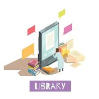 Ilustración de vector de concepto de diseño isométrico de biblioteca en línea