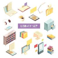 Library Isometric Set Vector Illustration