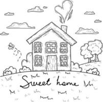 Doodle sweet home in the field text village butterfly trees isolated line Hand drawn vector illustration coloring