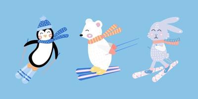 Set cute hare white bear penguin on skis Funny rabbit Hand drawn vector