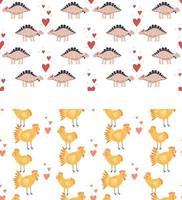 Set seamless pattern Vector illustration Nursery cute print with chickens and hearts and with dinosaurs Happy Valentines day 14 February