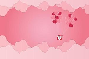 día de san valentín, globo en forma de corazón flotando en el cielo, fondo rosa, arte de papel vector