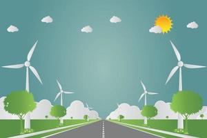 turbinas de viento con energía solar limpia con concepto de carretera ecológica ideas ilustración vectorial. vector