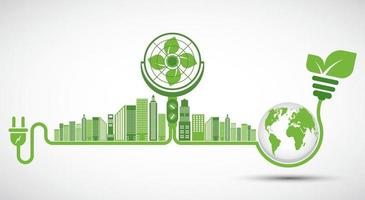 La ecología y el concepto de ventilador, el símbolo de la tierra con hojas verdes alrededor de las ciudades ayudan al mundo con ideas ecológicas. vector