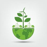 Concepto de ecología y medio ambiente, el símbolo de la tierra con hojas verdes alrededor de las ciudades ayuda al mundo con ideas ecológicas vector