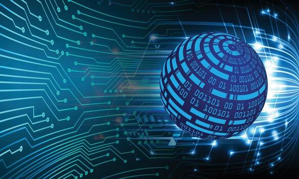 Tecnología futura de la placa de circuito binario mundial, fondo azul del concepto de seguridad cibernética de hud vector