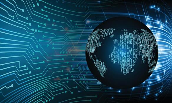 Tecnología futura de la placa de circuito binario mundial, fondo azul del concepto de seguridad cibernética de hud vector