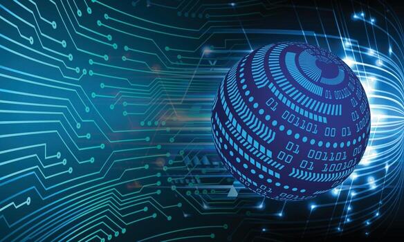 Tecnología futura de la placa de circuito binario mundial, fondo azul del concepto de seguridad cibernética de hud vector