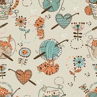 crochet. patrón sin fisuras con lindos gatos, ovillos de lana y accesorios de tejer. vector