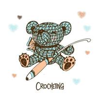 Knitted teddy bear with a crochet hook. vector