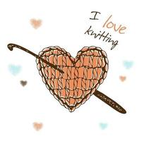 A knitted heart with a crochet hook. I love knitting. vector