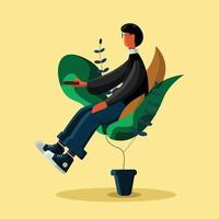 Man Relaxes and Watches TV Flat Vector Illustration