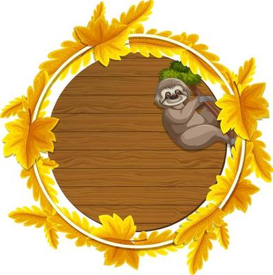 Round autumn leaves banner template with a sloth cartoon character