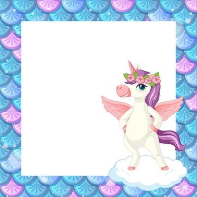 Blank blue fish scales frame template with cute unicorn cartoon character