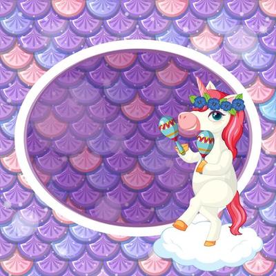 Oval frame template on purple fish scales background with cute unicorn cartoon character