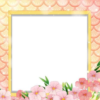 Blank banner on rainbow fish scales background with many flowers