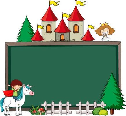 Empty chalkboard banner with fairy tale cartoon character and elements isolated