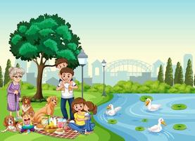 Escena del parque con familia feliz disfrutando de un picnic. vector