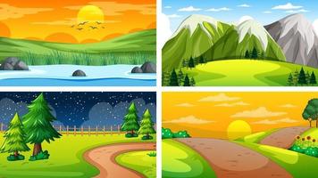 cuatro escenas diferentes de parque natural y bosque. vector