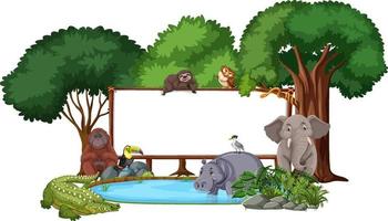 Banner vacío con animales salvajes y árboles de la selva sobre fondo blanco. vector