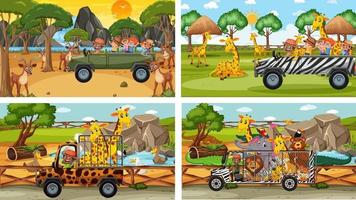 Set of different safari scenes with animals and kids cartoon character vector