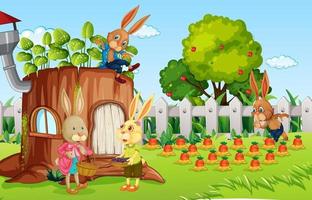 Outdoor scene with many rabbit cartoon character in the garden vector