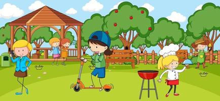 Outdoor scene with many kids playing in the park vector