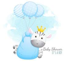 Baby shower it's a boy. Cute baby zebra with balloons Premium Vector