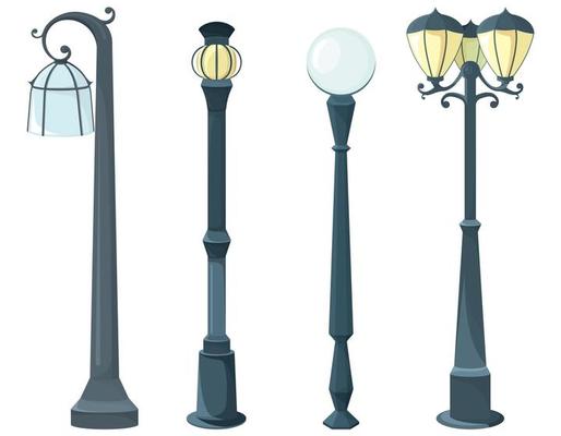 Set of different lamp posts