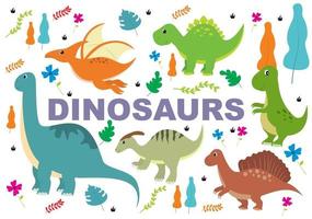 Cute Dinosaurs Cartoon Characters Illustration as Spinosaurus, Parasaurolophus, Stegosaurus, Tyrannosaurus, Pterodactyl, and Diplodocus vector