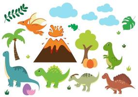 Cute Dinosaurs Cartoon Characters Illustration as Spinosaurus, Parasaurolophus, Stegosaurus, Tyrannosaurus, Pterodactyl, and Diplodocus