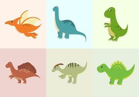 Cute Dinosaurs Cartoon Characters Illustration as Spinosaurus, Parasaurolophus, Stegosaurus, Tyrannosaurus, Pterodactyl, and Diplodocus vector