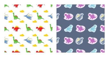 dinosaurios de dibujos animados lindo de patrones sin fisuras como spinosaurus, parasaurolophus, estegosaurio, tiranosaurio, pterodáctilo y diplodocus para fondo de pantalla o carteles. ilustración vector