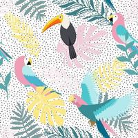 Floral background with tropical leaves, toucan and parrots. Vector seamless pattern for stylish fabric design.