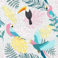 Floral background with tropical leaves, toucan and parrots. Vector seamless pattern for stylish fabric design.