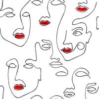 Drawing abstract face seamless pattern with red lips. Modern minimalism art, aesthetic contour. Continuous line background with woman faces. vector