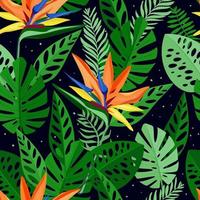 Seamless pattern with tropical flowers and leaves of strelitzia. Hand drawn, vector, bright colours. Background for prints, fabric, wallpapers, wrapping paper. vector