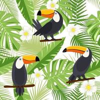 Floral background with tropical flowers, leaves and toucans. Vector seamless pattern for stylish fabric design.