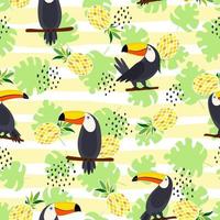 tucán, aves exóticas, hojas de palmeras tropicales y piña. fondo hermoso del modelo floral inconsútil del vector. patrón transparente de vector para diseño de tela con estilo, papel, web.